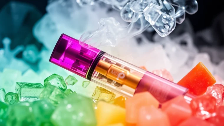 Close-up of a Power Crystal Max disposable vape showcasing its vibrant flavors, emphasizing the convenience and variety of the crystal vape 6000 puffs.