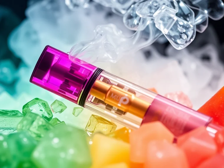 Close-up of a Power Crystal Max disposable vape showcasing its vibrant flavors, emphasizing the convenience and variety of the crystal vape 6000 puffs.